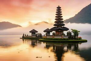 oude pura ulun danu bratan, besakih of beroemd Hindoe tempel en toerist in Bali eiland Bij zonsopkomst concept door ai gegenereerd foto