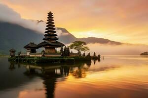 oude pura ulun danu bratan, besakih of beroemd Hindoe tempel en toerist in Bali eiland Bij zonsopkomst concept door ai gegenereerd foto