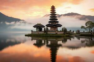 oude pura ulun danu bratan, besakih of beroemd Hindoe tempel en toerist in Bali eiland Bij zonsopkomst concept door ai gegenereerd foto