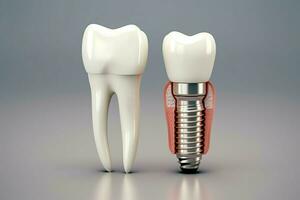 dichtbij omhoog van een tandheelkundig tand implantaat of gezond menselijk tanden. wit glazuur en tandheelkundig implantaten chirurgie concept door ai gegenereerd foto