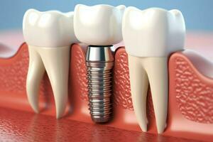 dichtbij omhoog van een tandheelkundig tand implantaat of gezond menselijk tanden. wit glazuur en tandheelkundig implantaten chirurgie concept door ai gegenereerd foto