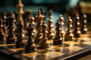 schaakbord met bedrijf strategie, tactiek en wedstrijd van een schaak spel. bedrijf en leiderschap concept door ai gegenereerd foto