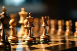 schaakbord met bedrijf strategie, tactiek en wedstrijd van een schaak spel. bedrijf en leiderschap concept door ai gegenereerd foto
