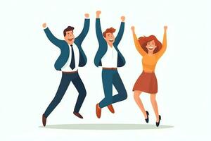 gelukkig mensen jumping en juichen vieren zege. slagen winnend en gelukkig in vlak tekenfilm concept door ai gegenereerd foto