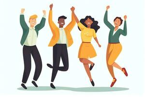 gelukkig mensen jumping en juichen vieren zege. slagen winnend en gelukkig in vlak tekenfilm concept door ai gegenereerd foto