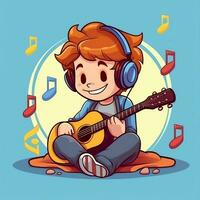 schattig jongen spelen gitaar en luisteren naar muziek- met koptelefoon in tekenfilm stijl. jeugd dag of muziek- dag concept door ai gegenereerd foto