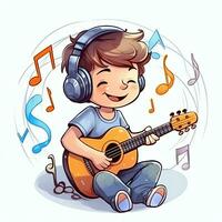 schattig jongen spelen gitaar en luisteren naar muziek- met koptelefoon in tekenfilm stijl. jeugd dag of muziek- dag concept door ai gegenereerd foto