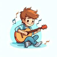 schattig jongen spelen gitaar en luisteren naar muziek- met koptelefoon in tekenfilm stijl. jeugd dag of muziek- dag concept door ai gegenereerd foto