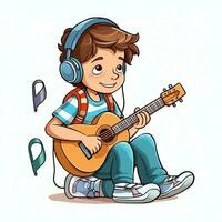 schattig jongen spelen gitaar en luisteren naar muziek- met koptelefoon in tekenfilm stijl. jeugd dag of muziek- dag concept door ai gegenereerd foto