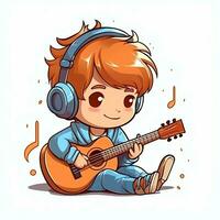 schattig jongen spelen gitaar en luisteren naar muziek- met koptelefoon in tekenfilm stijl. jeugd dag of muziek- dag concept door ai gegenereerd foto