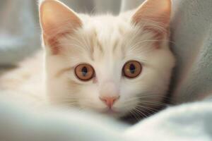 schattig klein pluizig katje met mooi ogen is zittend of rusten. Brits kort haar. kat dag concept door ai gegenereerd foto