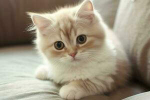 schattig klein pluizig katje met mooi ogen is zittend of rusten. Brits kort haar. kat dag concept door ai gegenereerd foto