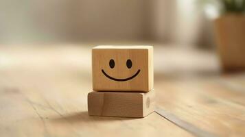 een houten blok etiket met gelukkig glimlach kom tot rust gezicht mooi zo terugkoppeling klant. wereld mentaal Gezondheid dag concept door ai gegenereerd foto