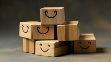 een houten blok etiket met gelukkig glimlach kom tot rust gezicht mooi zo terugkoppeling klant. wereld mentaal Gezondheid dag concept door ai gegenereerd foto