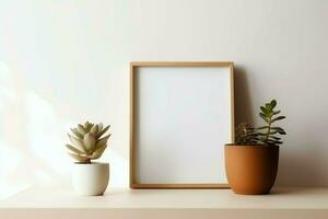 kader bespotten omhoog van blanco afbeelding staand Aan een plank met sappig fabriek of cactus in Scandinavisch concept door ai gegenereerd foto