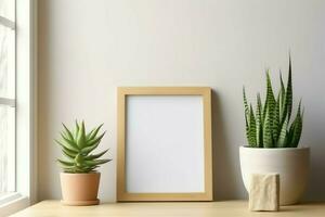 kader bespotten omhoog van blanco afbeelding staand Aan een plank met sappig fabriek of cactus in Scandinavisch concept door ai gegenereerd foto