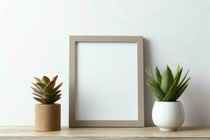 kader bespotten omhoog van blanco afbeelding staand Aan een plank met sappig fabriek of cactus in Scandinavisch concept door ai gegenereerd foto