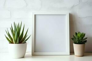 kader bespotten omhoog van blanco afbeelding staand Aan een plank met sappig fabriek of cactus in Scandinavisch concept door ai gegenereerd foto