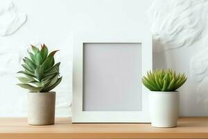 kader bespotten omhoog van blanco afbeelding staand Aan een plank met sappig fabriek of cactus in Scandinavisch concept door ai gegenereerd foto