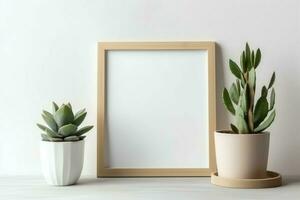 kader bespotten omhoog van blanco afbeelding staand Aan een plank met sappig fabriek of cactus in Scandinavisch concept door ai gegenereerd foto