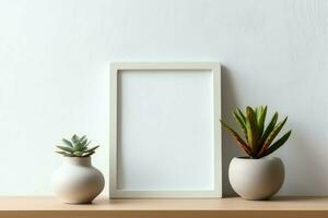 kader bespotten omhoog van blanco afbeelding staand Aan een plank met sappig fabriek of cactus in Scandinavisch concept door ai gegenereerd foto