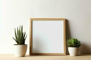 kader bespotten omhoog van blanco afbeelding staand Aan een plank met sappig fabriek of cactus in Scandinavisch concept door ai gegenereerd foto