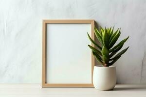 kader bespotten omhoog van blanco afbeelding staand Aan een plank met sappig fabriek of cactus in Scandinavisch concept door ai gegenereerd foto