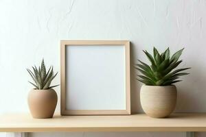 kader bespotten omhoog van blanco afbeelding staand Aan een plank met sappig fabriek of cactus in Scandinavisch concept door ai gegenereerd foto