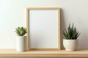 kader bespotten omhoog van blanco afbeelding staand Aan een plank met sappig fabriek of cactus in Scandinavisch concept door ai gegenereerd foto