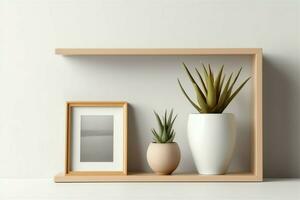 kader bespotten omhoog van blanco afbeelding staand Aan een plank met sappig fabriek of cactus in Scandinavisch concept door ai gegenereerd foto