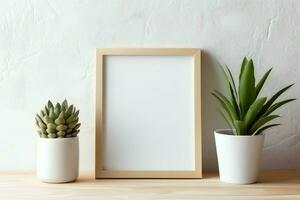 kader bespotten omhoog van blanco afbeelding staand Aan een plank met sappig fabriek of cactus in Scandinavisch concept door ai gegenereerd foto