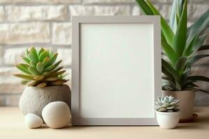 kader bespotten omhoog van blanco afbeelding staand Aan een plank met sappig fabriek of cactus in Scandinavisch concept door ai gegenereerd foto