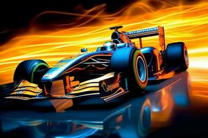 snel racing auto en piloot in formule een kampioen wedstrijden met snelheid en vlam. autosport auto concept door ai gegenereerd foto
