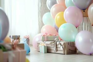 feestelijk verjaardag partij decoraties Aan tafel met taart, Cadeau dozen en ballonnen Aan pastel kleur concept door ai gegenereerd foto