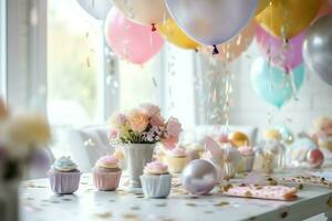 feestelijk verjaardag partij decoraties Aan tafel met taart, Cadeau dozen en ballonnen Aan pastel kleur concept door ai gegenereerd foto