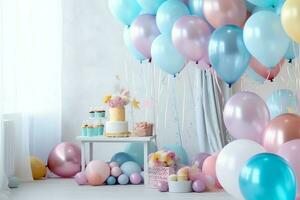 feestelijk verjaardag partij decoraties Aan tafel met taart, Cadeau dozen en ballonnen Aan pastel kleur concept door ai gegenereerd foto