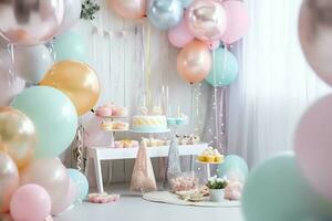 feestelijk verjaardag partij decoraties Aan tafel met taart, Cadeau dozen en ballonnen Aan pastel kleur concept door ai gegenereerd foto