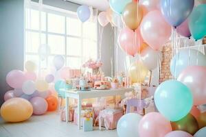 feestelijk verjaardag partij decoraties Aan tafel met taart, Cadeau dozen en ballonnen Aan pastel kleur concept door ai gegenereerd foto