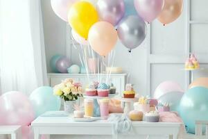 feestelijk verjaardag partij decoraties Aan tafel met taart, Cadeau dozen en ballonnen Aan pastel kleur concept door ai gegenereerd foto