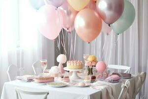 feestelijk verjaardag partij decoraties Aan tafel met taart, Cadeau dozen en ballonnen Aan pastel kleur concept door ai gegenereerd foto