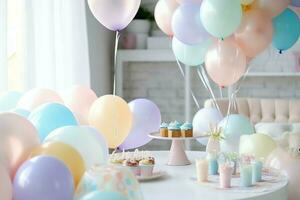 feestelijk verjaardag partij decoraties Aan tafel met taart, Cadeau dozen en ballonnen Aan pastel kleur concept door ai gegenereerd foto