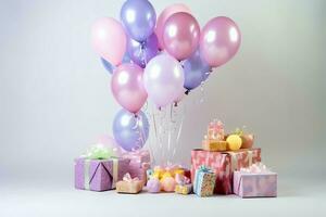 feestelijk verjaardag partij decoraties Aan tafel met taart, Cadeau dozen en ballonnen Aan pastel kleur concept door ai gegenereerd foto