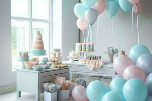 feestelijk verjaardag partij decoraties Aan tafel met taart, Cadeau dozen en ballonnen Aan pastel kleur concept door ai gegenereerd foto