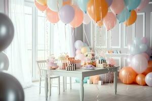 feestelijk verjaardag partij decoraties Aan tafel met taart, Cadeau dozen en ballonnen Aan pastel kleur concept door ai gegenereerd foto