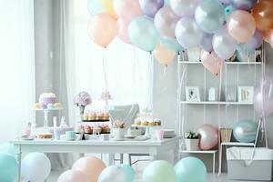 feestelijk verjaardag partij decoraties Aan tafel met taart, Cadeau dozen en ballonnen Aan pastel kleur concept door ai gegenereerd foto