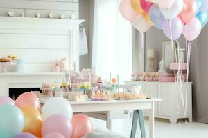 feestelijk verjaardag partij decoraties Aan tafel met taart, Cadeau dozen en ballonnen Aan pastel kleur concept door ai gegenereerd foto