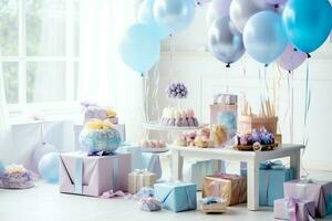 feestelijk verjaardag partij decoraties Aan tafel met taart, Cadeau dozen en ballonnen Aan pastel kleur concept door ai gegenereerd foto