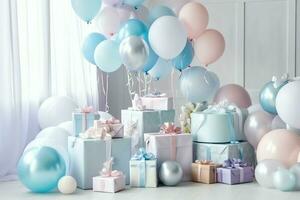 feestelijk verjaardag partij decoraties Aan tafel met taart, Cadeau dozen en ballonnen Aan pastel kleur concept door ai gegenereerd foto