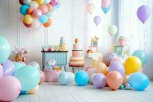 feestelijk verjaardag partij decoraties Aan tafel met taart, Cadeau dozen en ballonnen Aan pastel kleur concept door ai gegenereerd foto