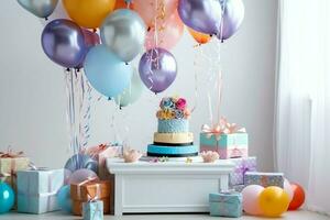 feestelijk verjaardag partij decoraties Aan tafel met taart, Cadeau dozen en ballonnen Aan pastel kleur concept door ai gegenereerd foto